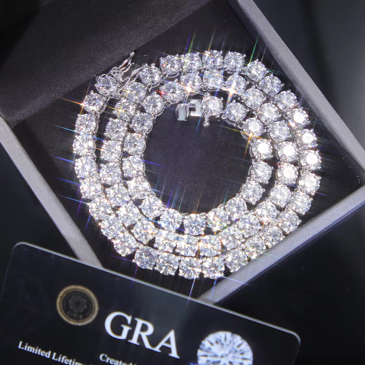 Polair™ Aera Moissanite tennis chain necklace with sparkling gemstone accents and a sleek silver setting.