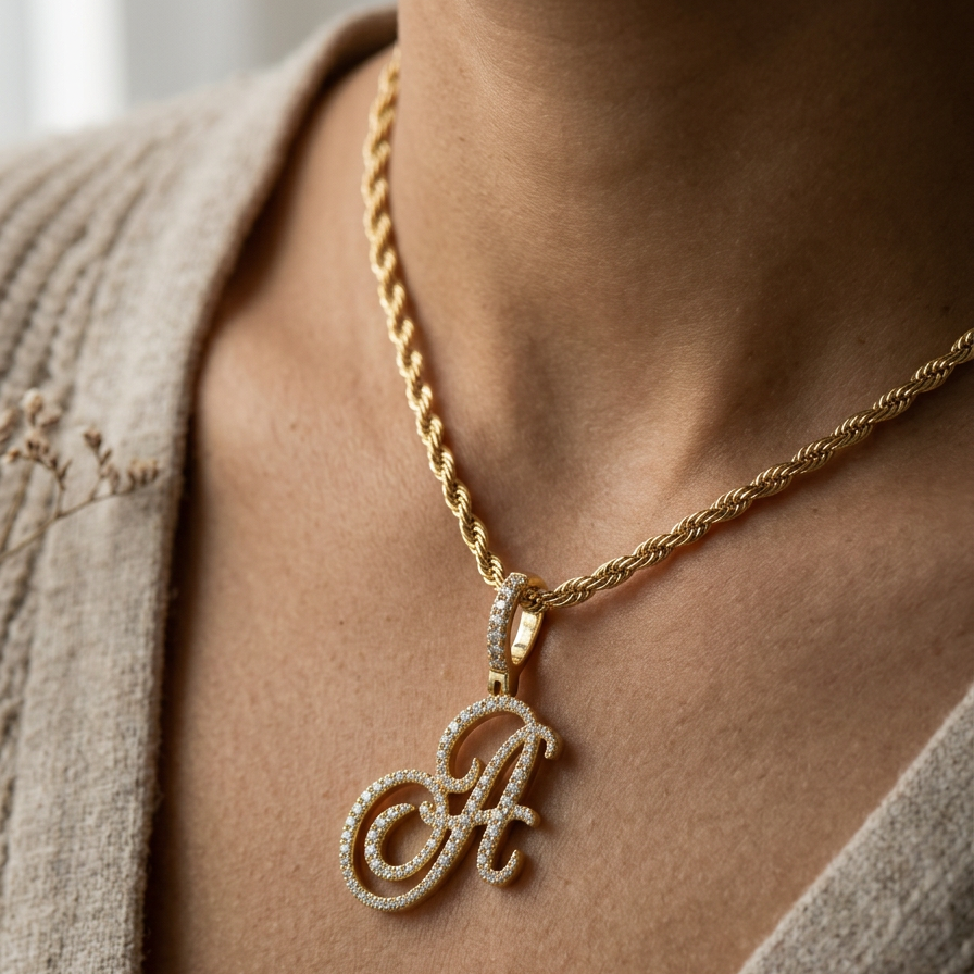 Gold necklace with a 'A' pendant on a person wearing a beige cardigan.