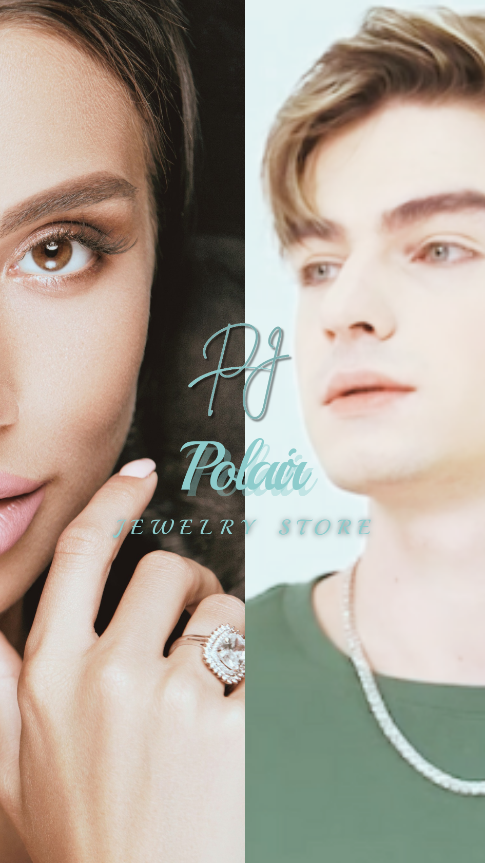 Split image of a woman wearing jewelry and a man with a necklace, with 'Pj Polair' branding.
