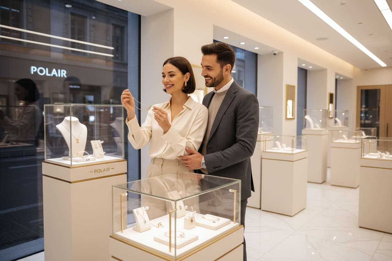 Man and woman looking at jewelry in a Polair store